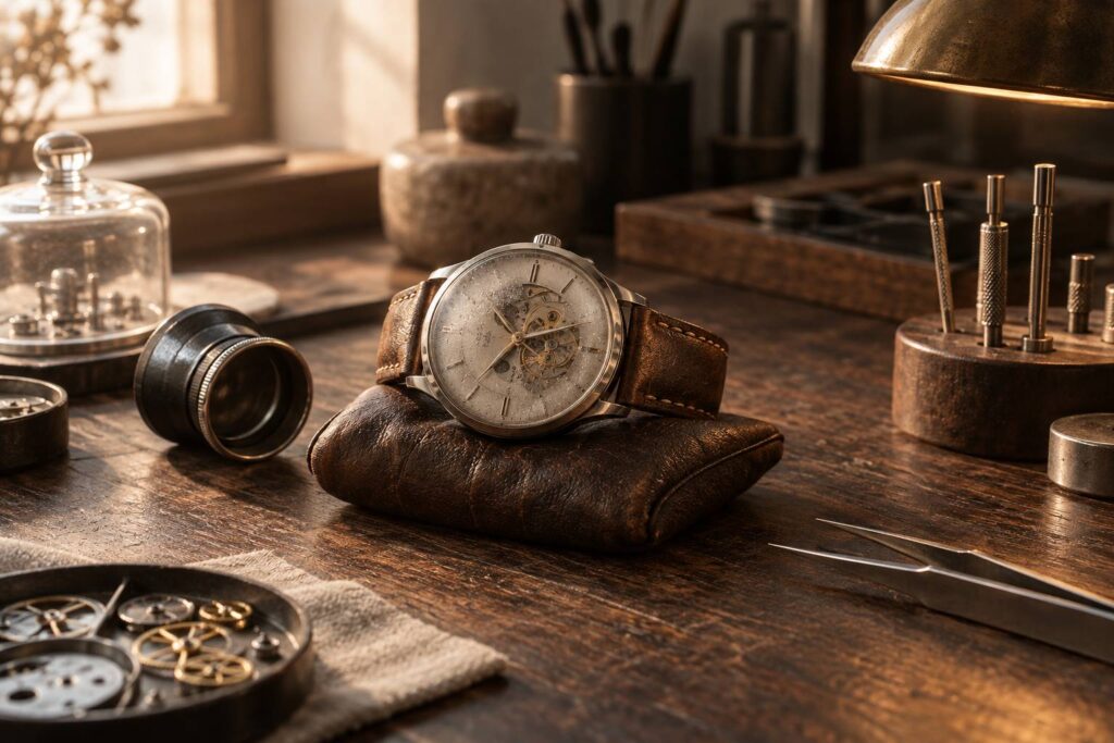 Montre mecanique au verre embue sur un etabli d'horloger