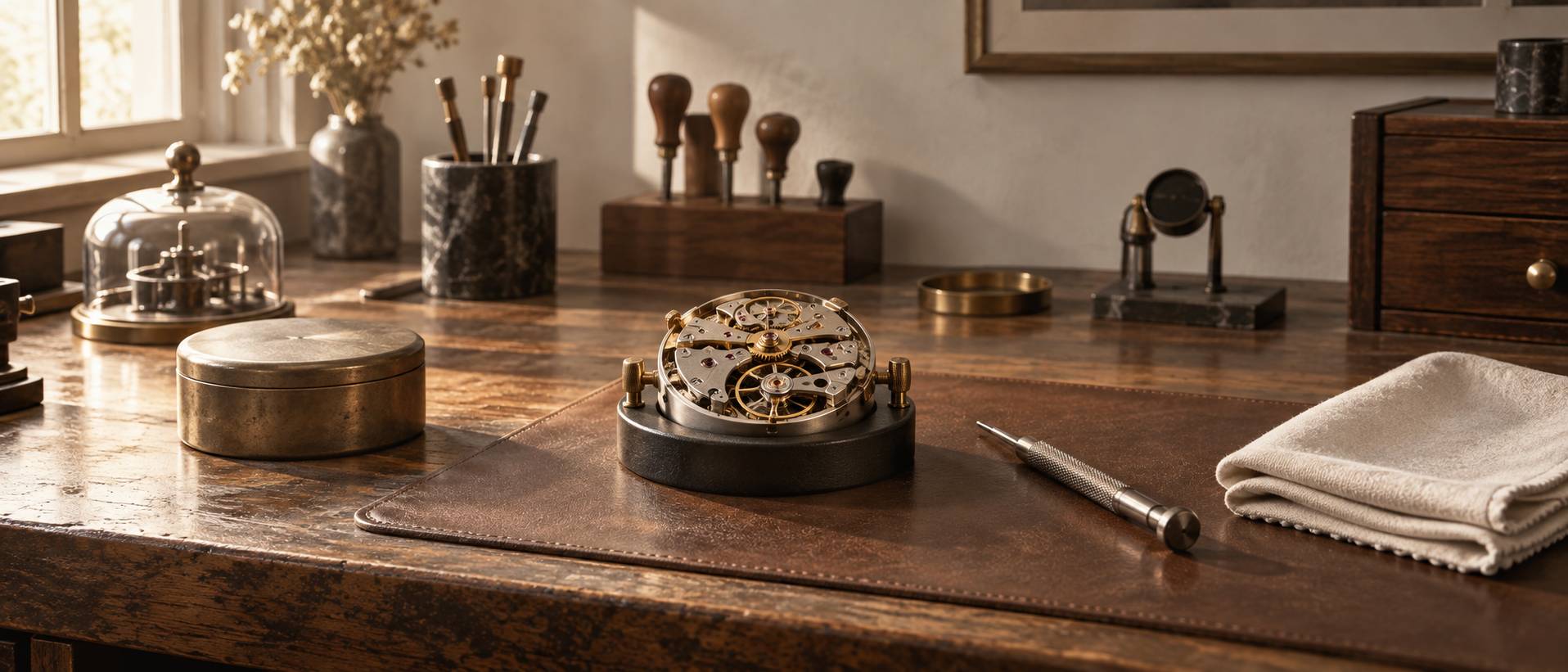 Outils d'horloger et montre ouverte sur un plan de travail sombre