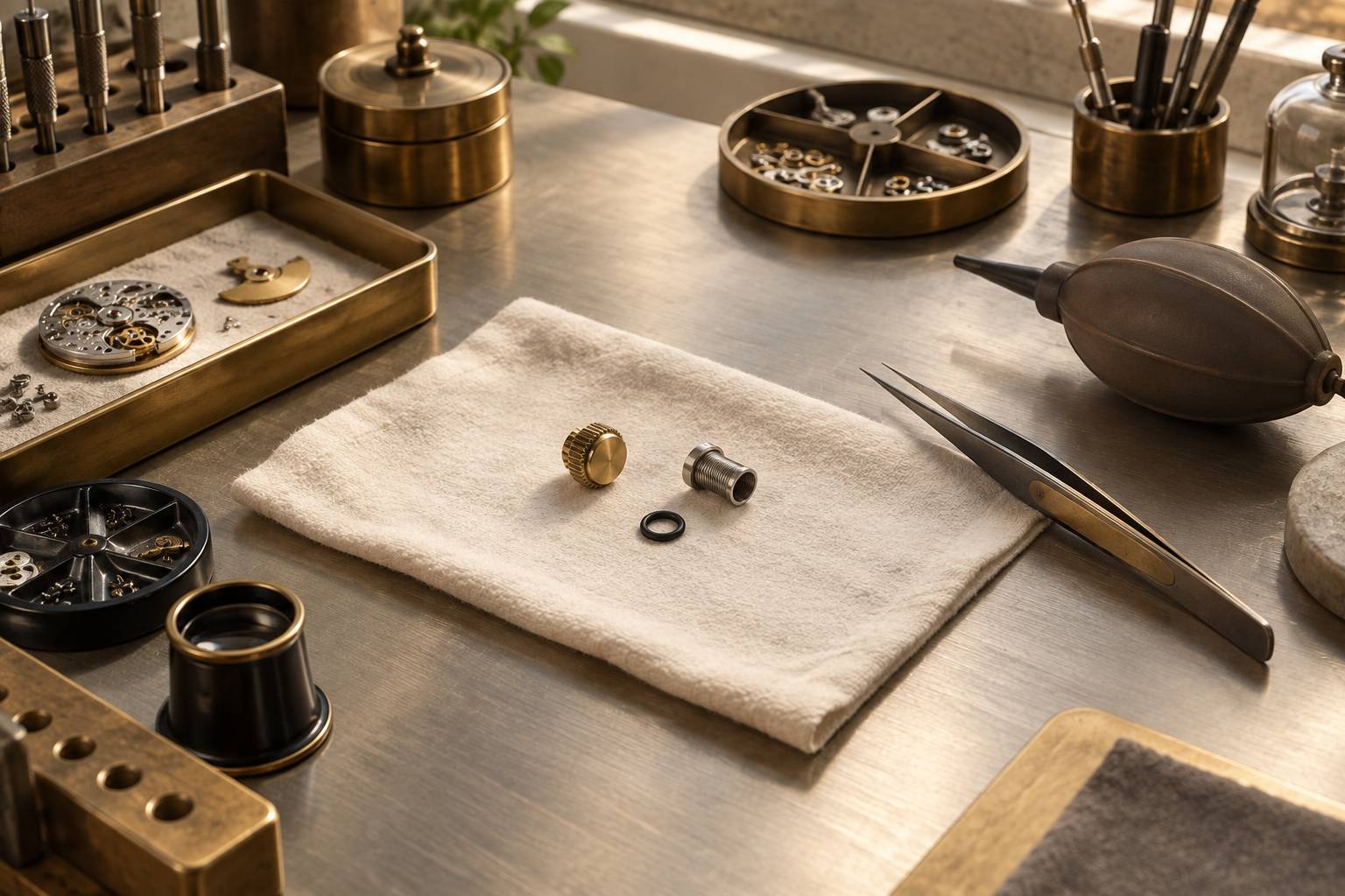 Couronne et tubette filete d'une montre presentes sur un plateau d'atelier