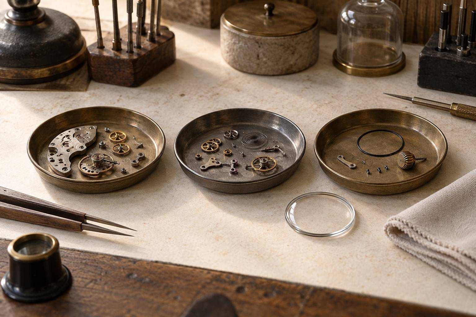 Coupelles de travail avec pièces de montre et verre posé à plat sur un établi