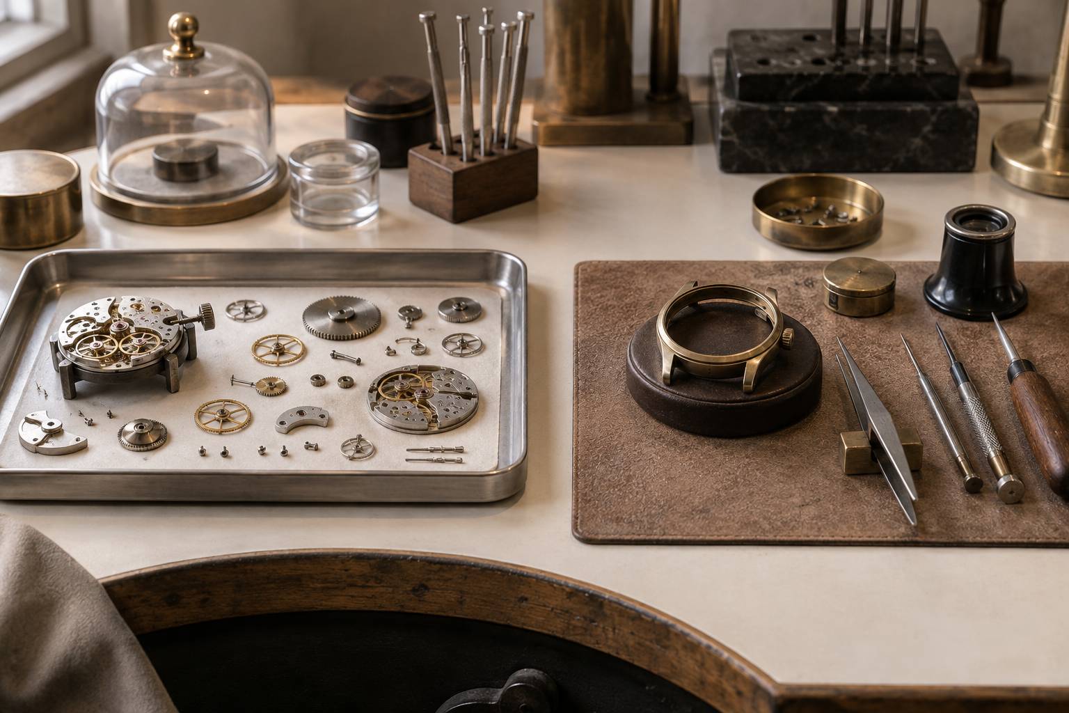 Deux postes de travail d'horlogerie avec plateau et outils alignés
