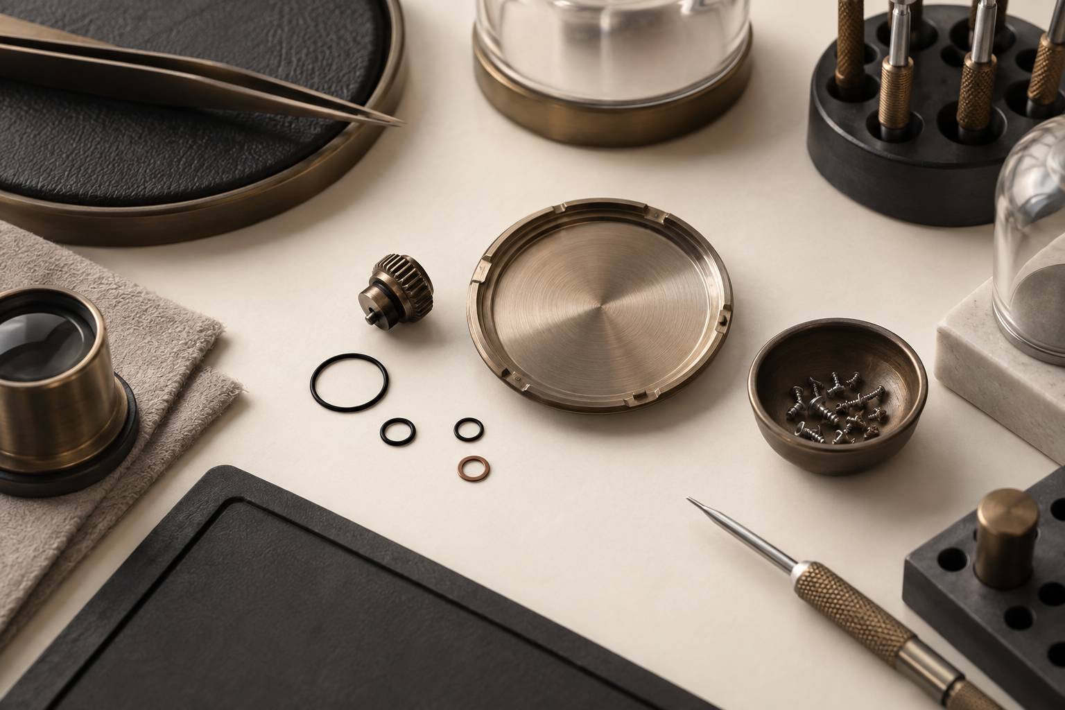 Couronne et fond de boitier de montre sur un plateau d'atelier