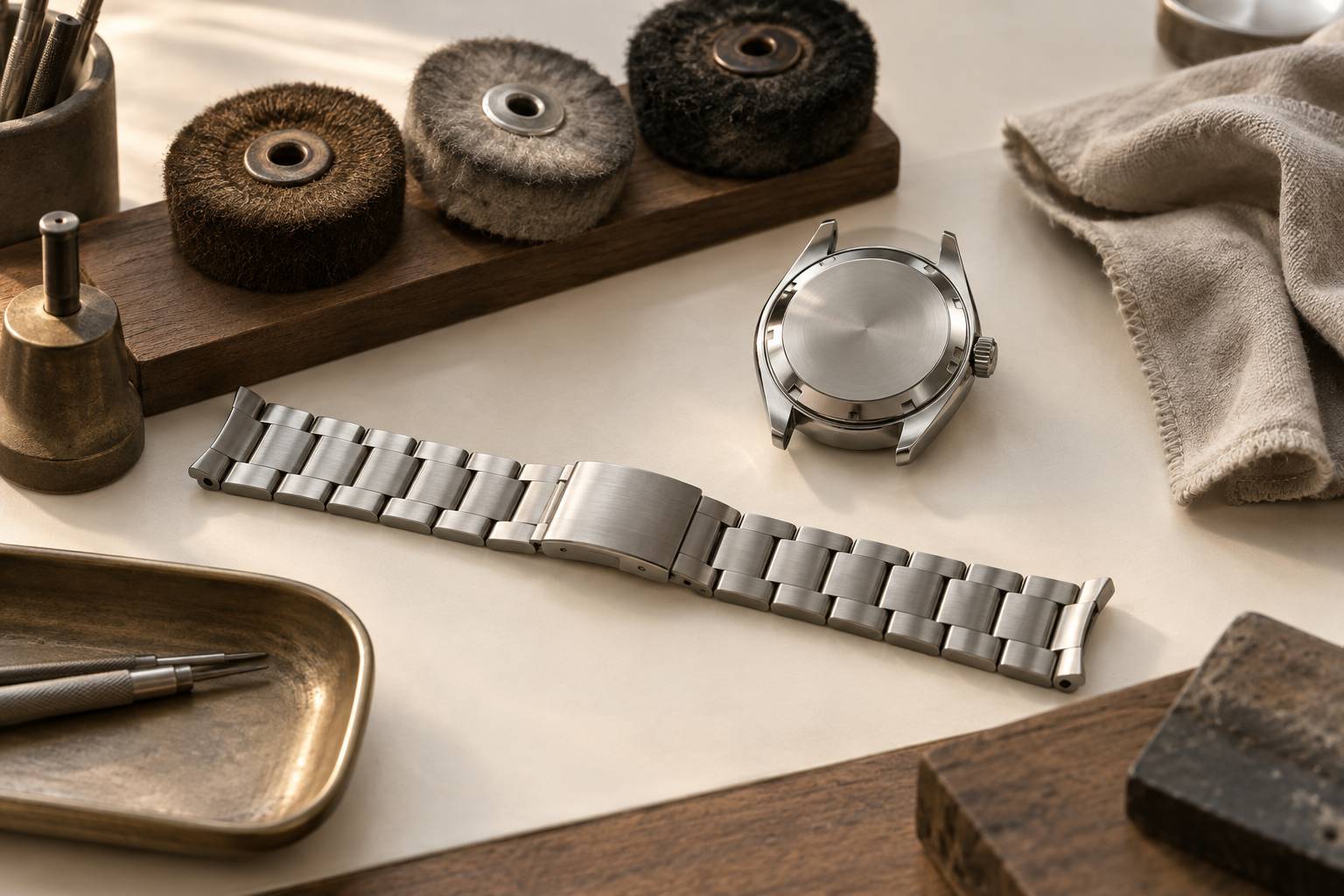 Bracelet de montre en acier à plat sur un tapis d'atelier avec tampons de polissage