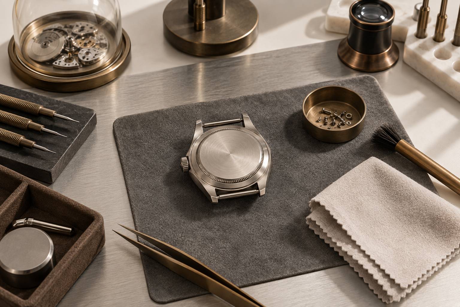 Dos de boitier de montre retourne sur un plateau d'atelier d'horlogerie