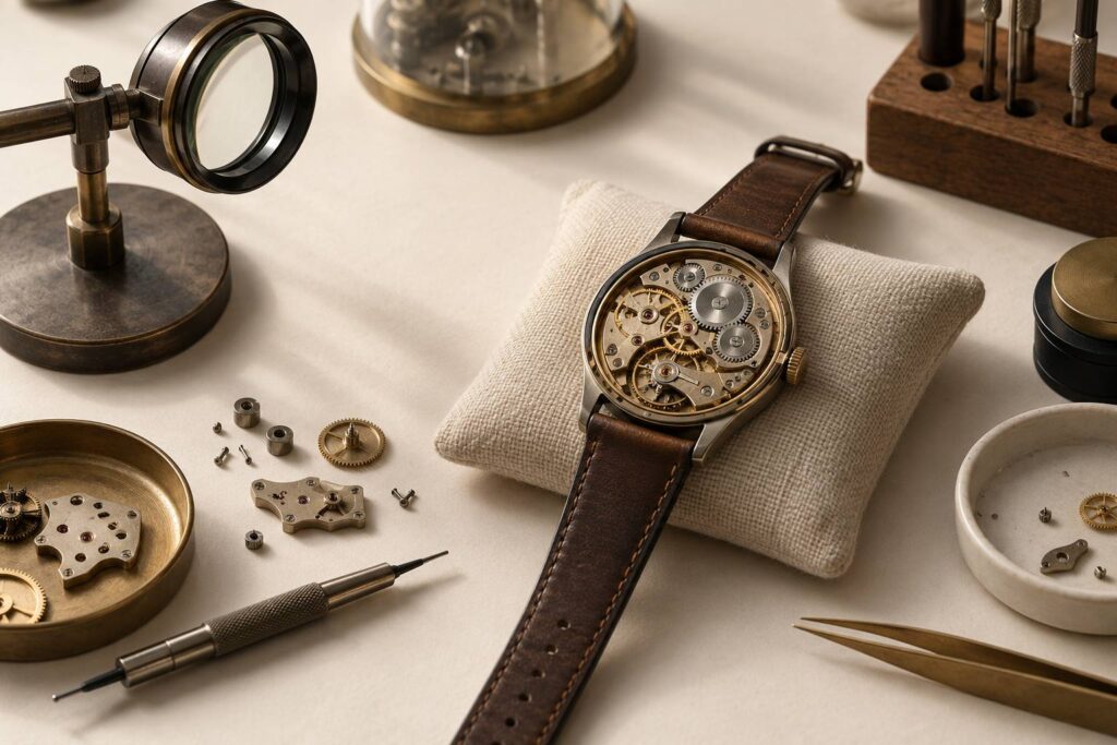 Montre mecanique ouverte sur un coussin d'horloger avec une loupe