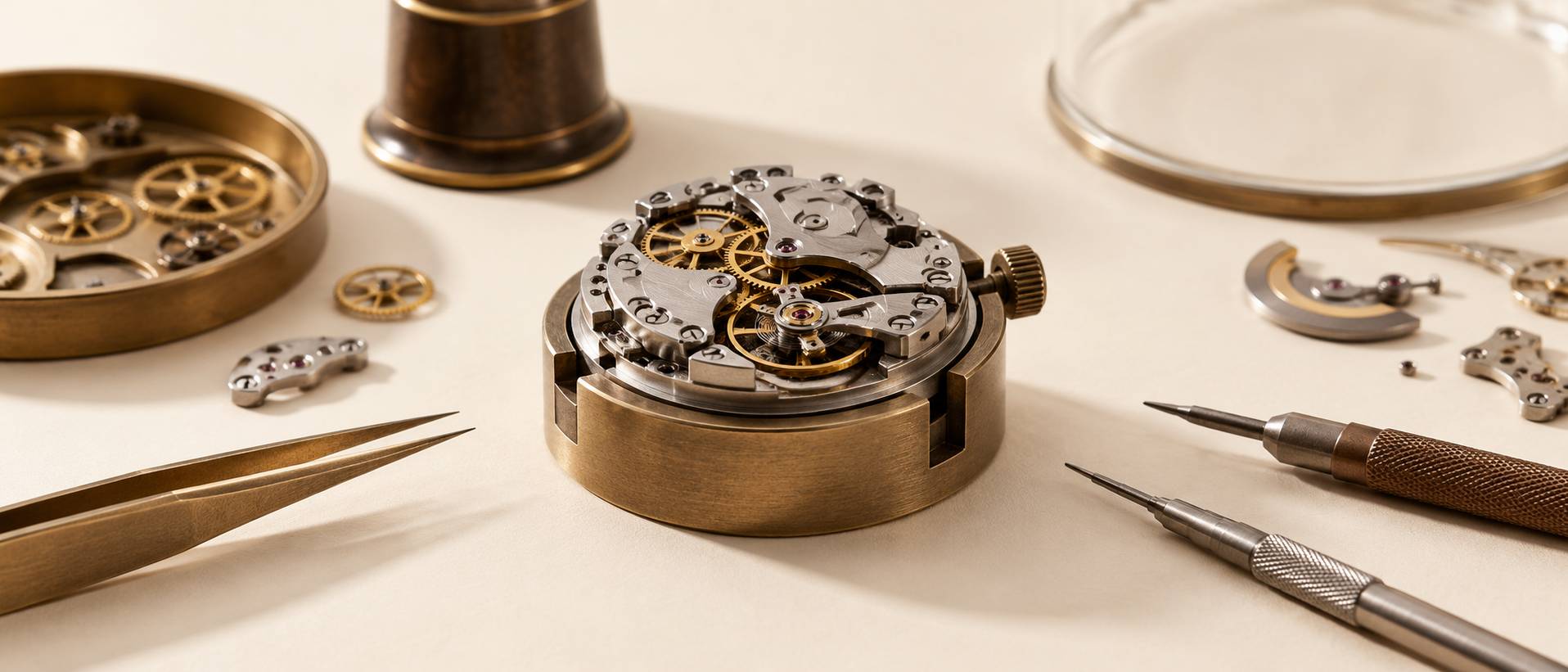 Mouvement de montre vu de pres sur un etabli d'horloger