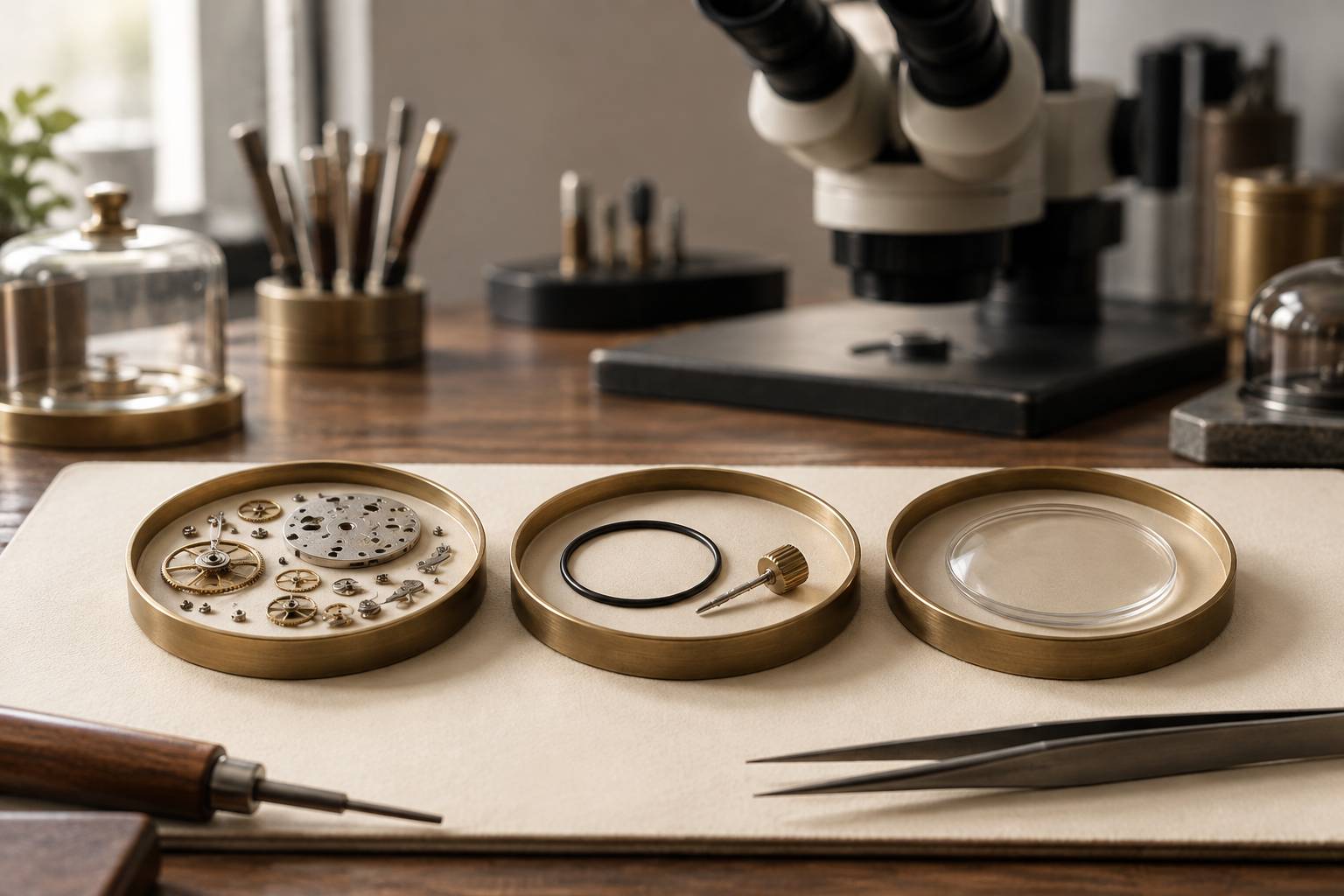 Coupelles de travail avec pièces de montre séparées sur un établi