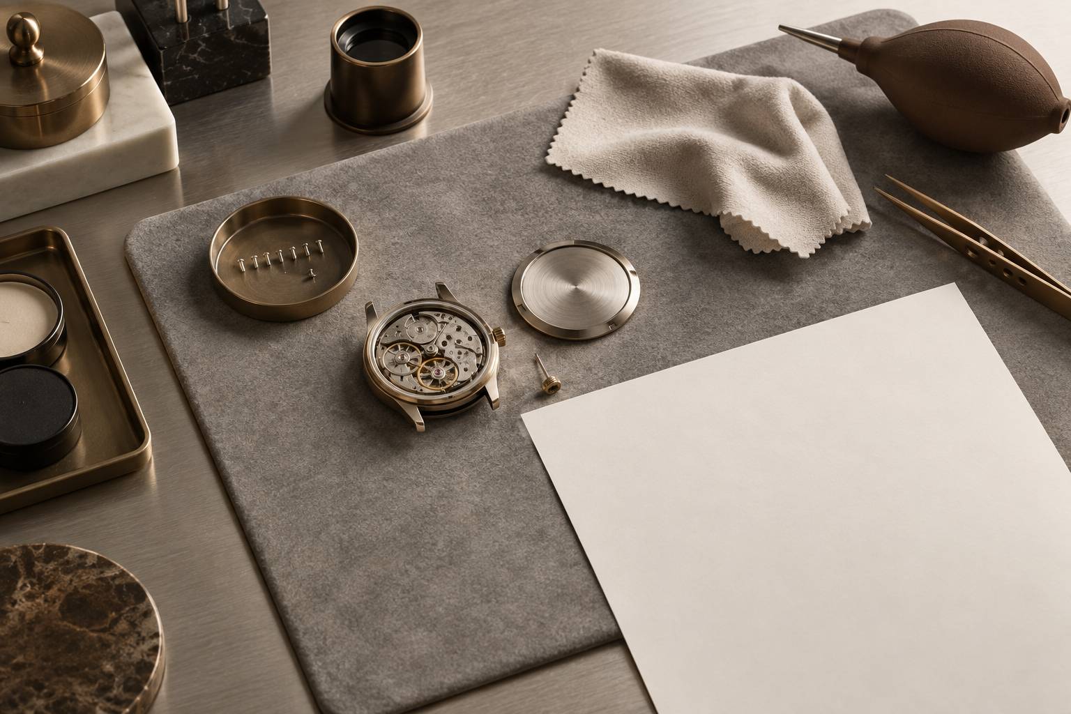 Boitier de montre ouvert et petites pieces alignees sur un plateau d'atelier