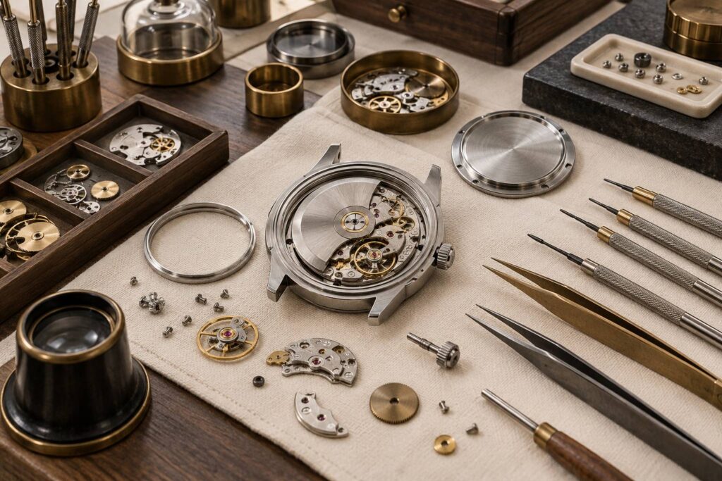 Orologio meccanico aperto con movimento e attrezzi da orologiaio su un banco