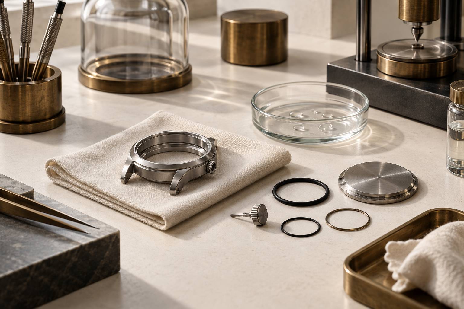 Boîtier de montre en acier et joints posés sur un poste d'atelier