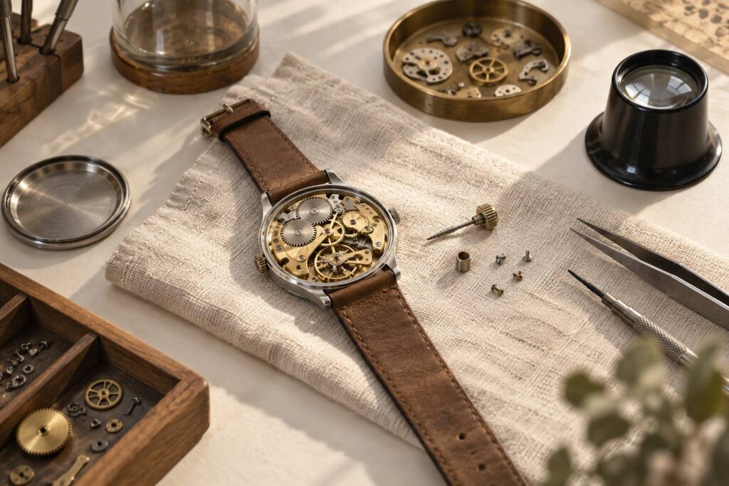 Etabli d'horloger avec montre ouverte, couronne et tube demontes