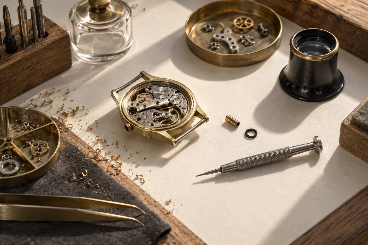 Caisse de montre ouverte avec tube de couronne en laiton et outils
