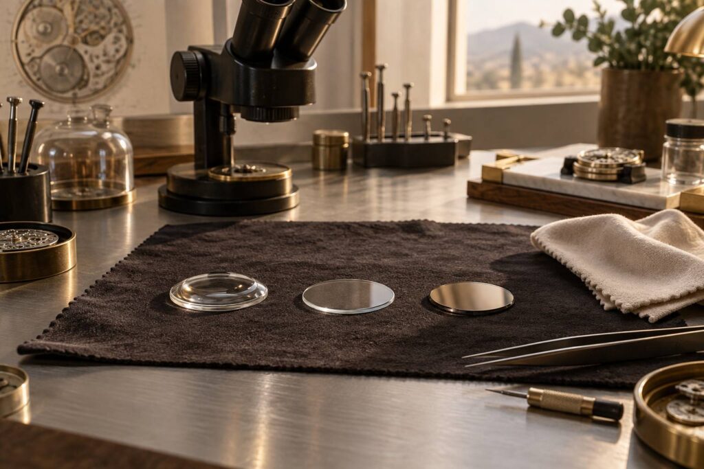 Trois verres de montre poses cote a cote sur un tissu sombre