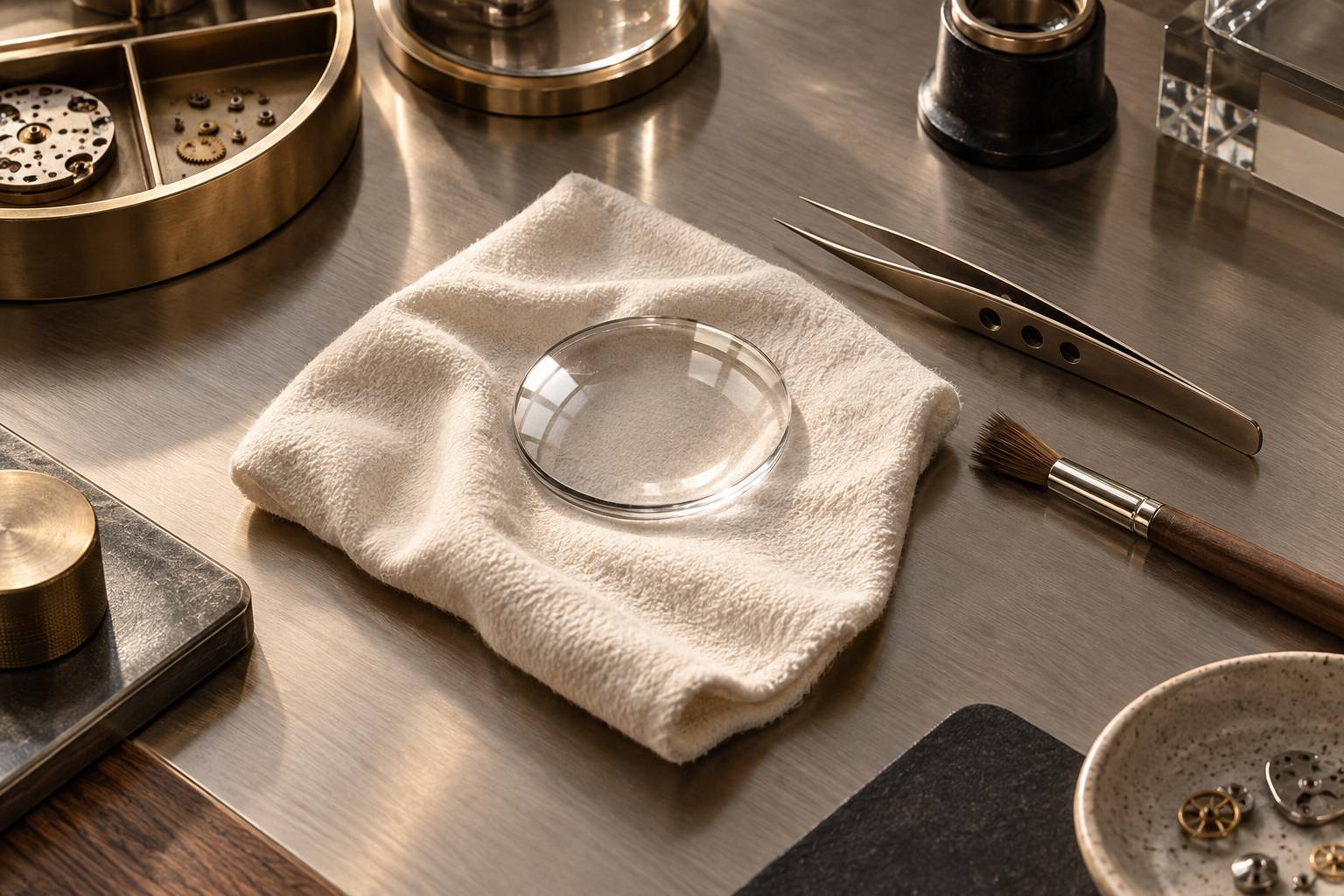 Verre de montre bombe pose sur un chiffon avec pinceau sec