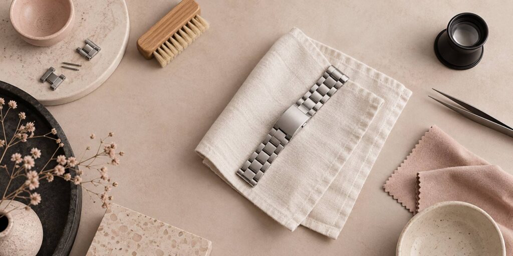 Bracelet en acier posé sur un chiffon avec brosse et pince sur un établi de bijoutier