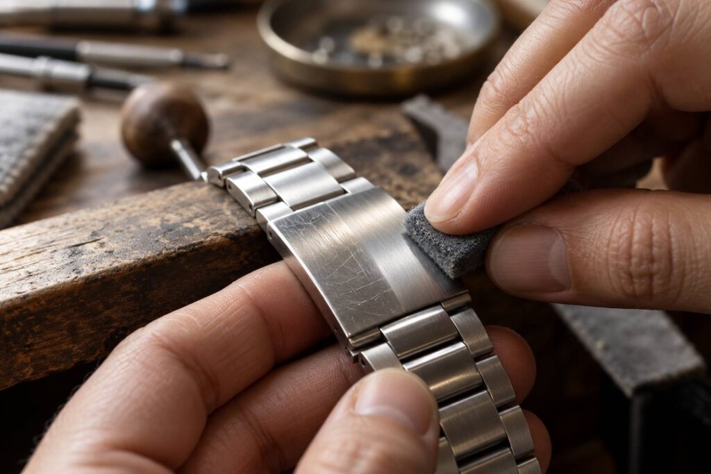 Illustration de détail sur le sujet : Bracciale satinato graffiato: come si ripristina la finitura