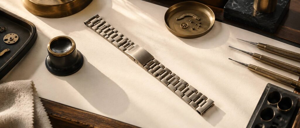 Bracelet de montre en métal à maillons posé sur un établi d'horloger avec outils