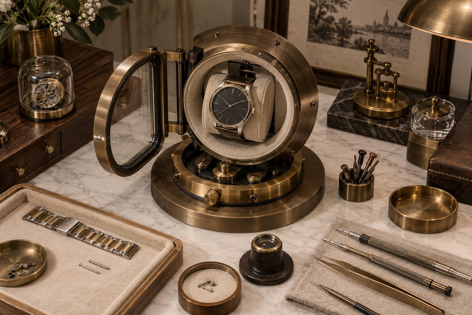 Mecanisme d'un presentoir rotatif de montre vu de dessus