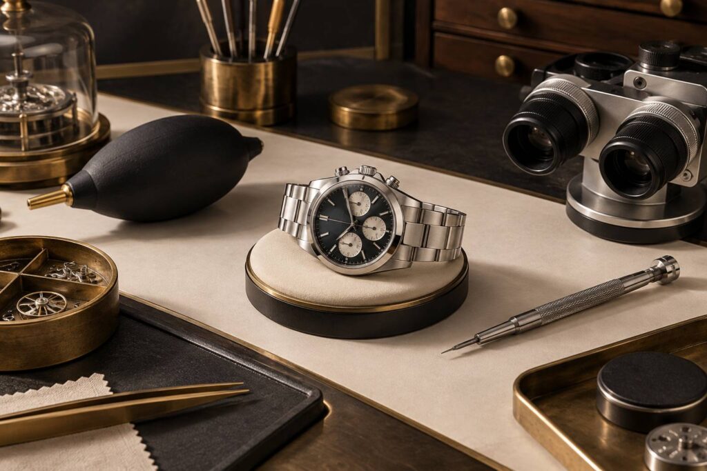 Montre à chronographe et outils d'horloger sur un établi de réparation