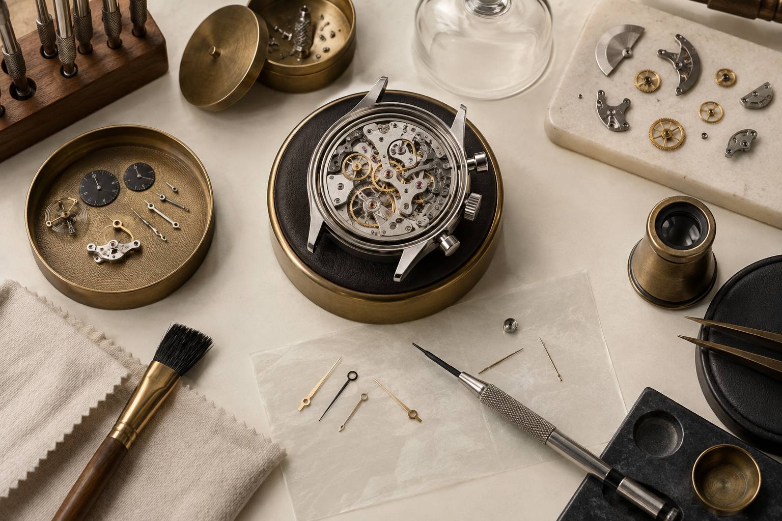 Boîtier de chronographe ouvert et tournevis sur un poste d'atelier