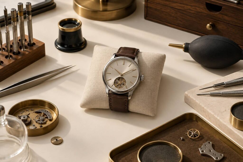 Montre mecanique generique posee sur un coussin d'horloger avec loupe et brucelles