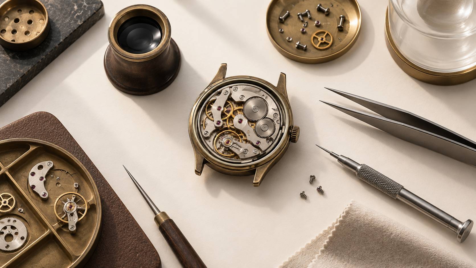 Mouvement de montre mecanique ouvert sur un etabli avec outils d'horlogerie