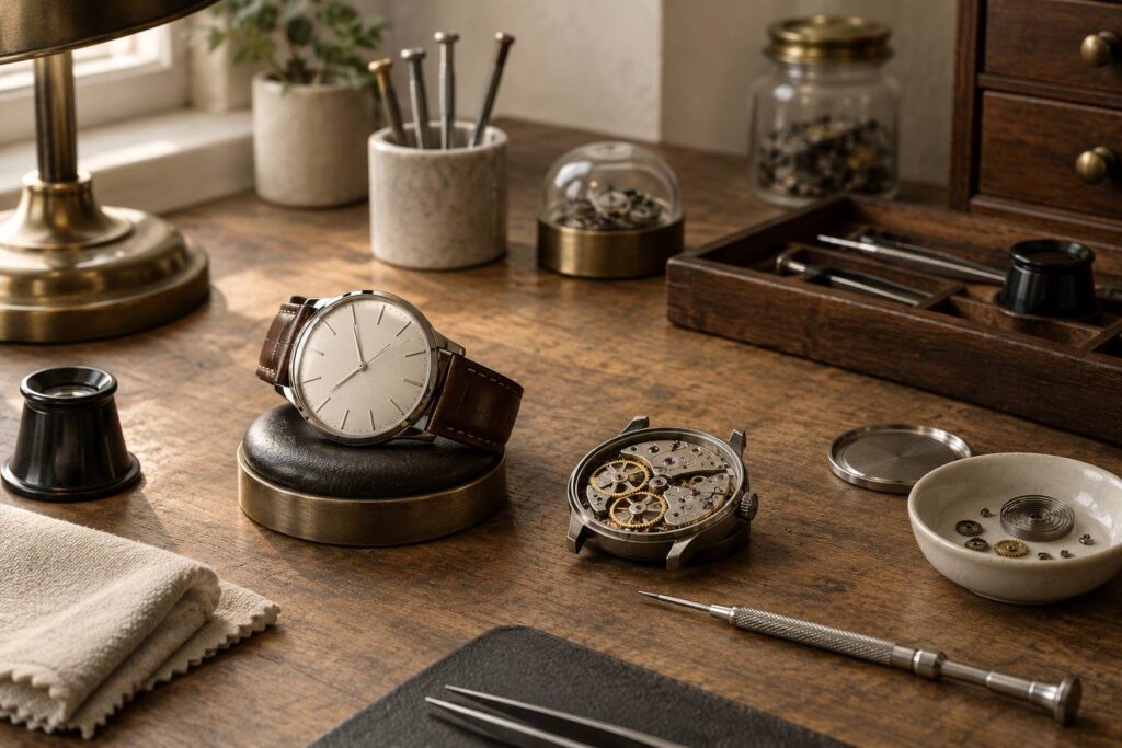 Montre et outillage d'horloger poses sur un etabli eclaire