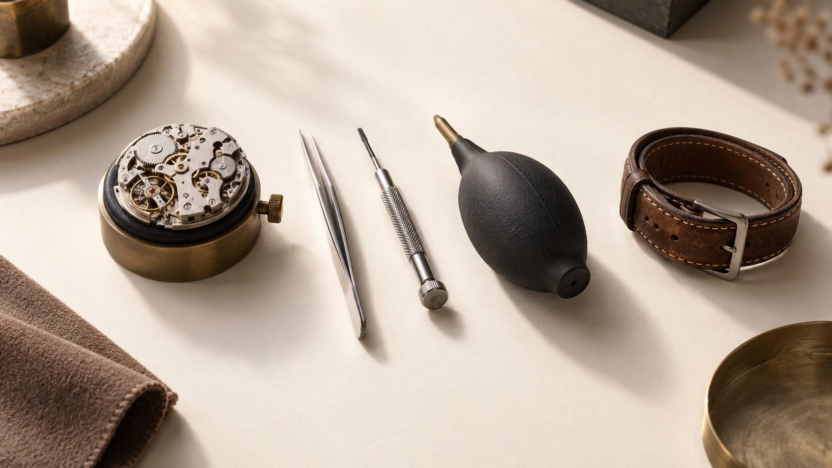 Mouvement de montre, pince brucelle et tournevis sur un poste d'horlogerie
