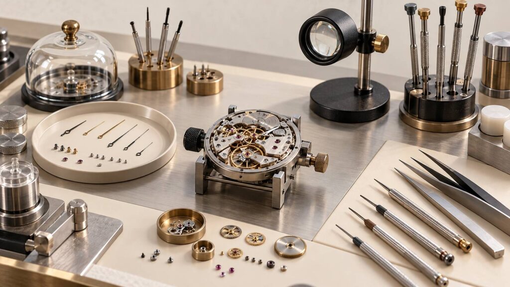 Mouvement de montre ouvert sur un établi d'horlogerie avec aiguilles et brucelles
