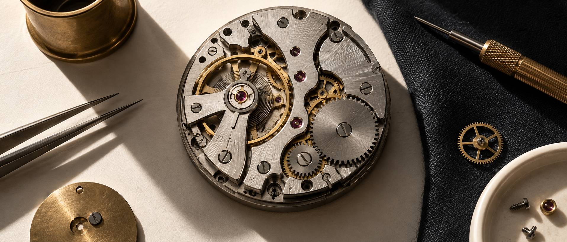 Mouvement mecanique de montre vu de pres, balancier et spiral visibles