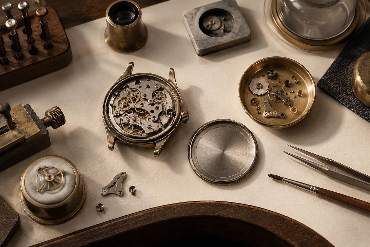 Boitier de montre ouvert et petites pieces sur un poste d'horloger