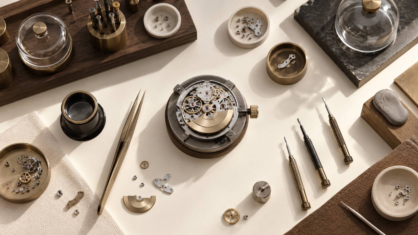 Calibre de montre ouvert avec masselotte et rouages sur un etabli