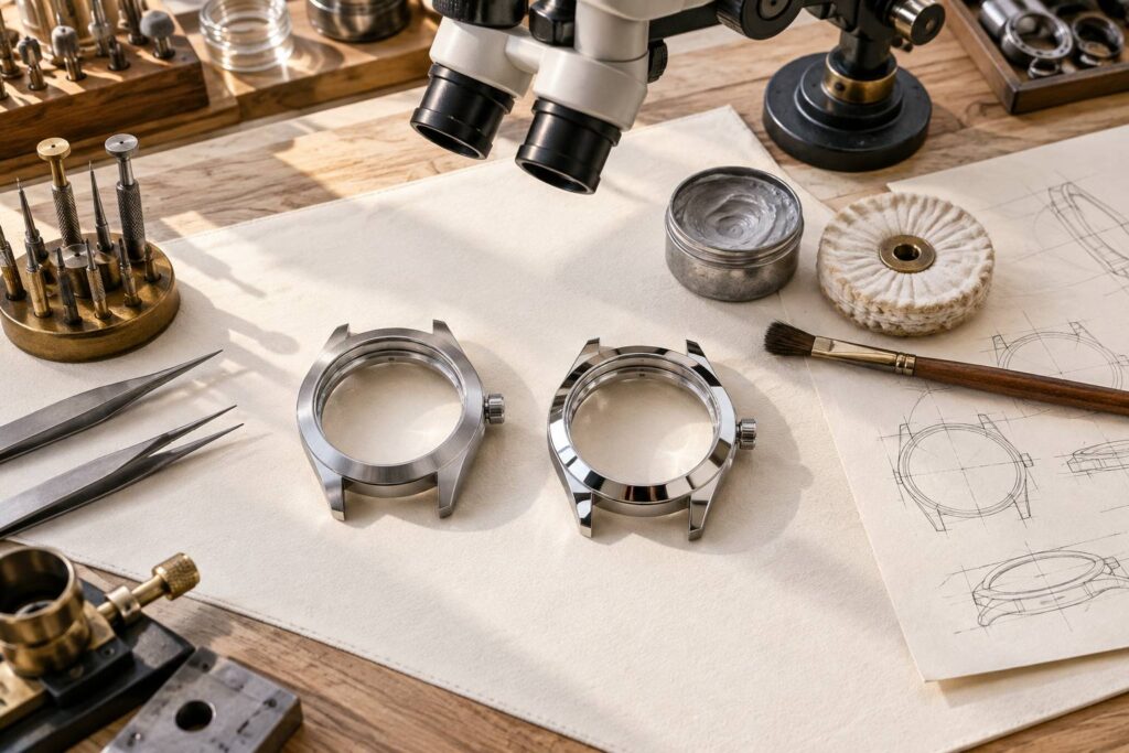 Due casse di orologio in acciaio, una satinata e una lucida a specchio, su un banco da orologiaio